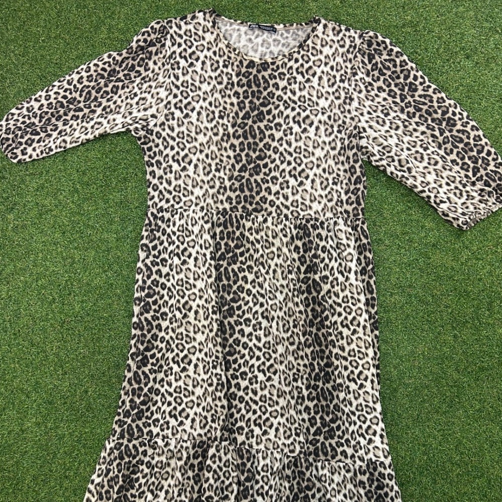 Zara Leopard Print Tiered Midi Dress Womens Medium Brown Black Animal Print Boho